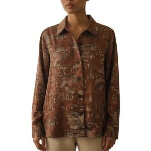 Chico's Brown Silk Toile Print Button Down Jacket Long Sleeve Asian Sz 0 XS US 4